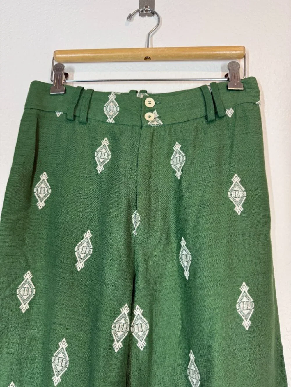 Zara Embroidered Trousers Size Small Green Pants Linen Cropped Wide Leg Coolots